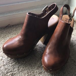 Korks platform slingback brown mules worn once